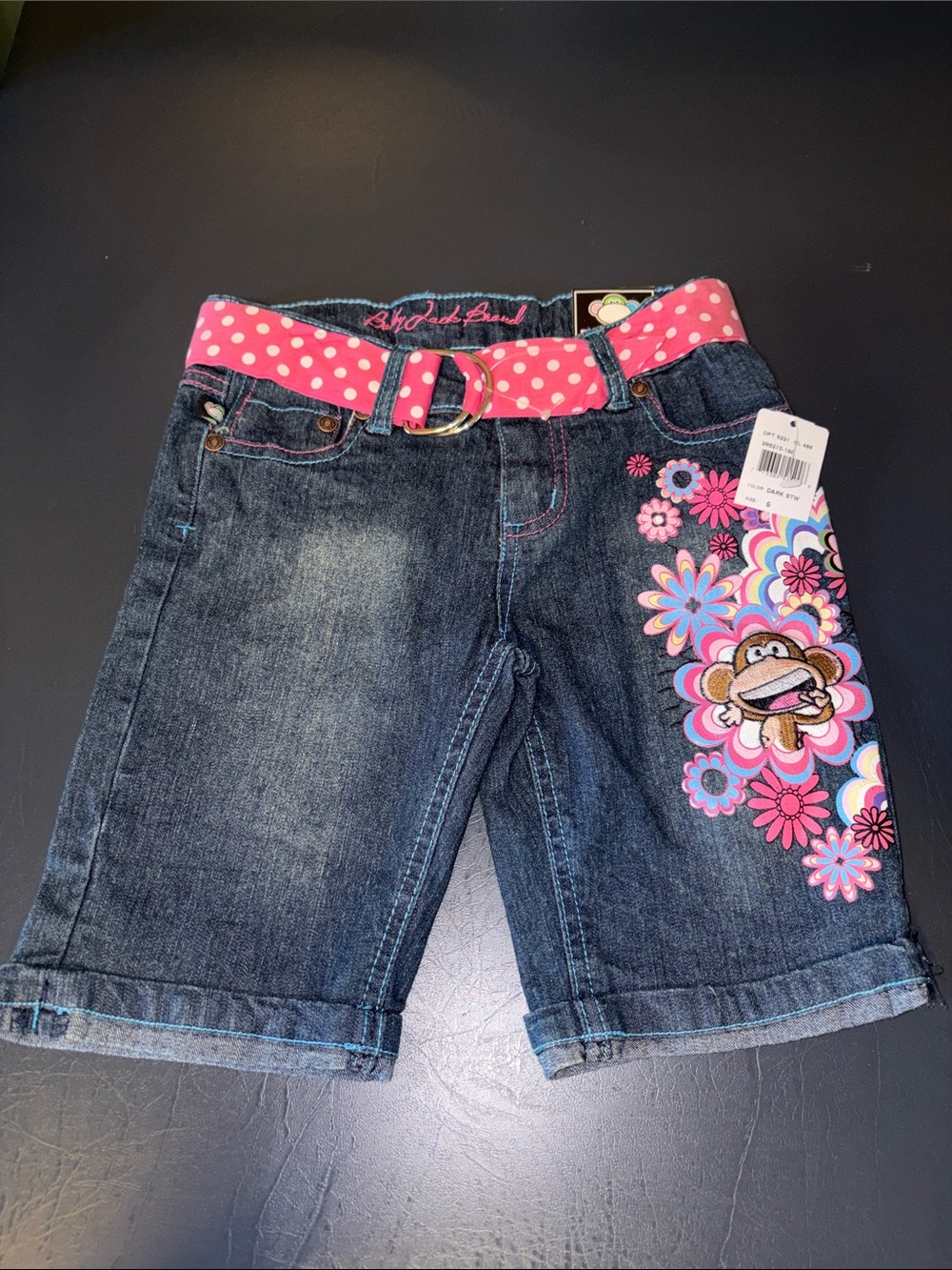 Girls Bobby Jack Dark Wash Denim Shorts with Pink Floral Monkey Embroidery NWT